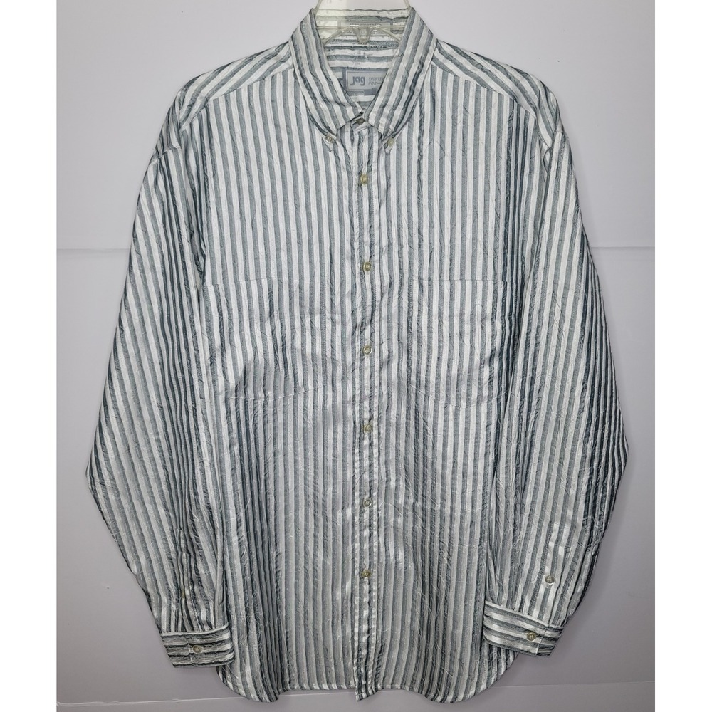 JAG Sportswear Shirt‎ Men M Grey White Vintage Crinkle Stripe Unique Find Preppy